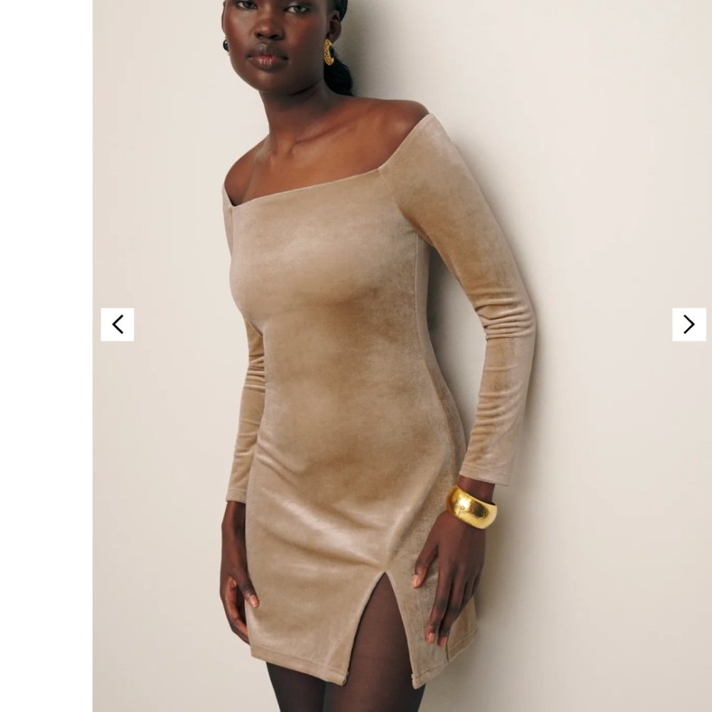 Reformation Tan Off-Shoulder Mini Dress